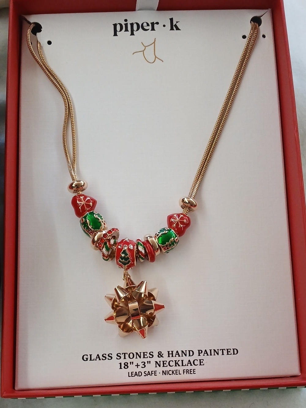 Piper Gold-Tone Necklace with Red & Green Hand-Painted Glass Beads
